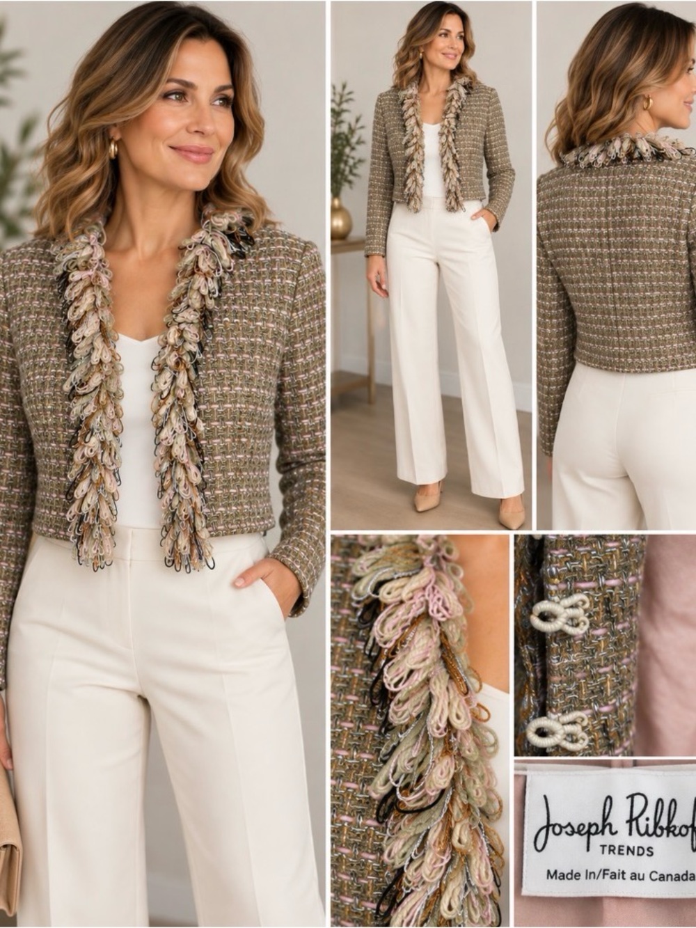 Joseph Ribkoff taupe multi-tone tweed cropped blazer with fringe trim